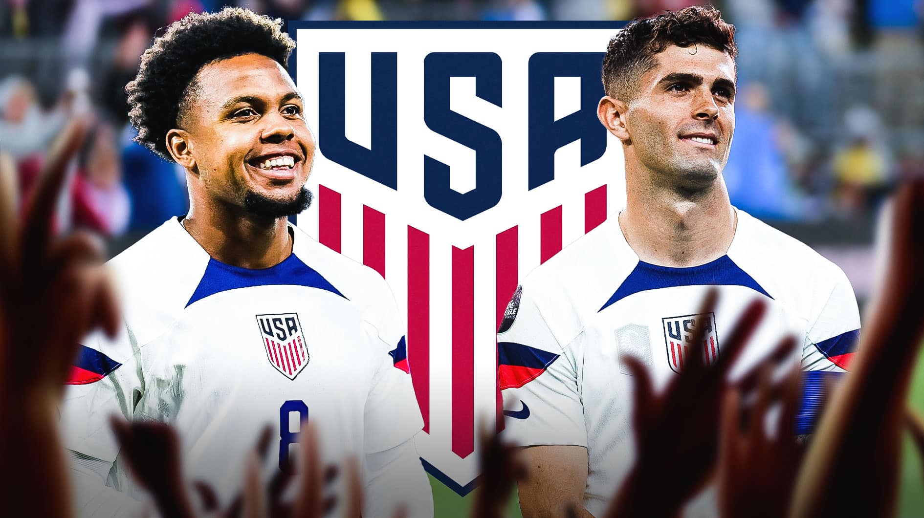 Weston McKennie and Christian Pulisic laughing in front of the USMNT logo