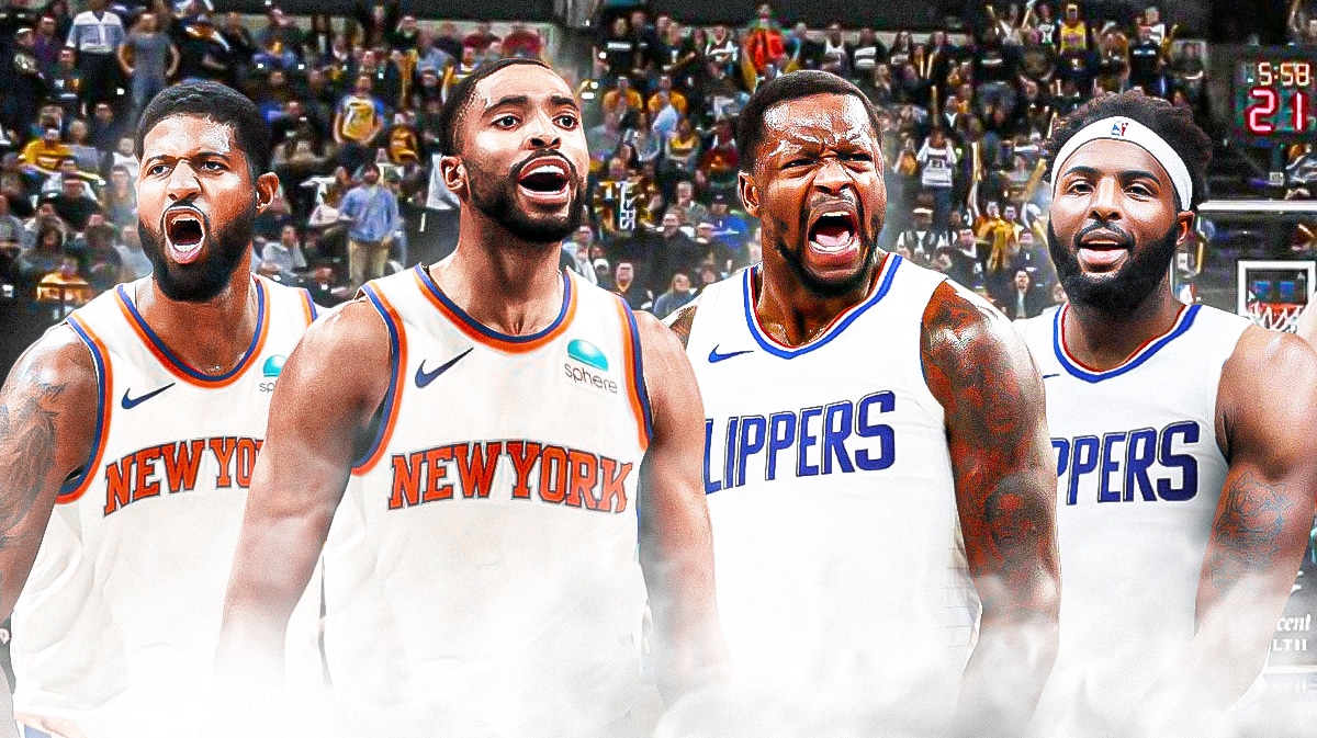 Photo: Paul George, Mikal Bridges in Knicks jerseys, Julius Randle, Mitchell Robinson in Clippers jerseys