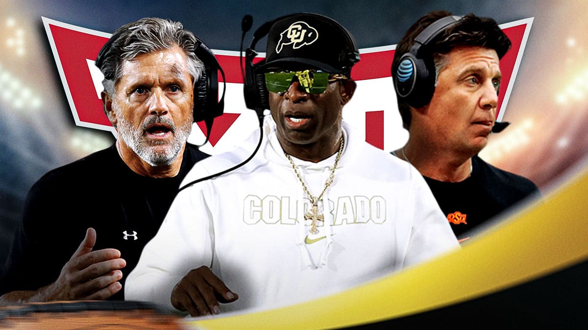 Utah's Kyle Whittingham, Colorado's Deion Sanders and Oklahoma State's Mike Gundy with Big 12 logo behind them