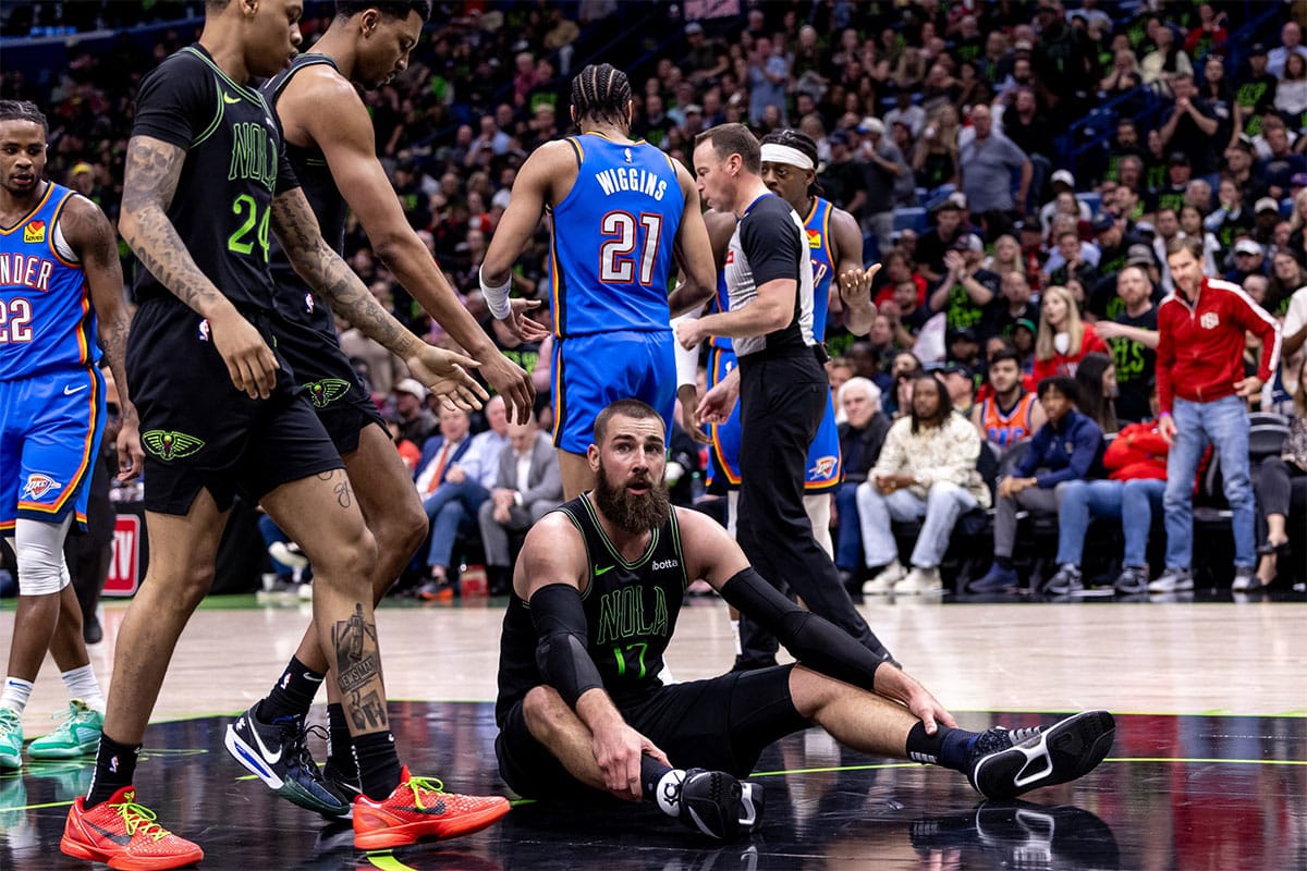  New Orleans Pelicans center Jonas Valanciunas (17) reacts to being fouled by Oklahoma City Thunder guard Aaron Wiggins (21) during the first half of game four of the first round for the 2024 NBA playoffs at Smoothie King Center.