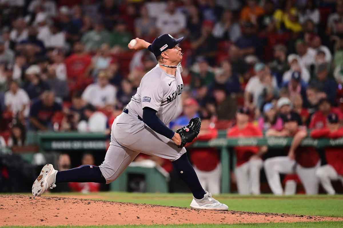 New York Yankees pitcher Victor Gonzalez (47) pitches against the Boston Red Sox during the eighth inning at Fenway Park