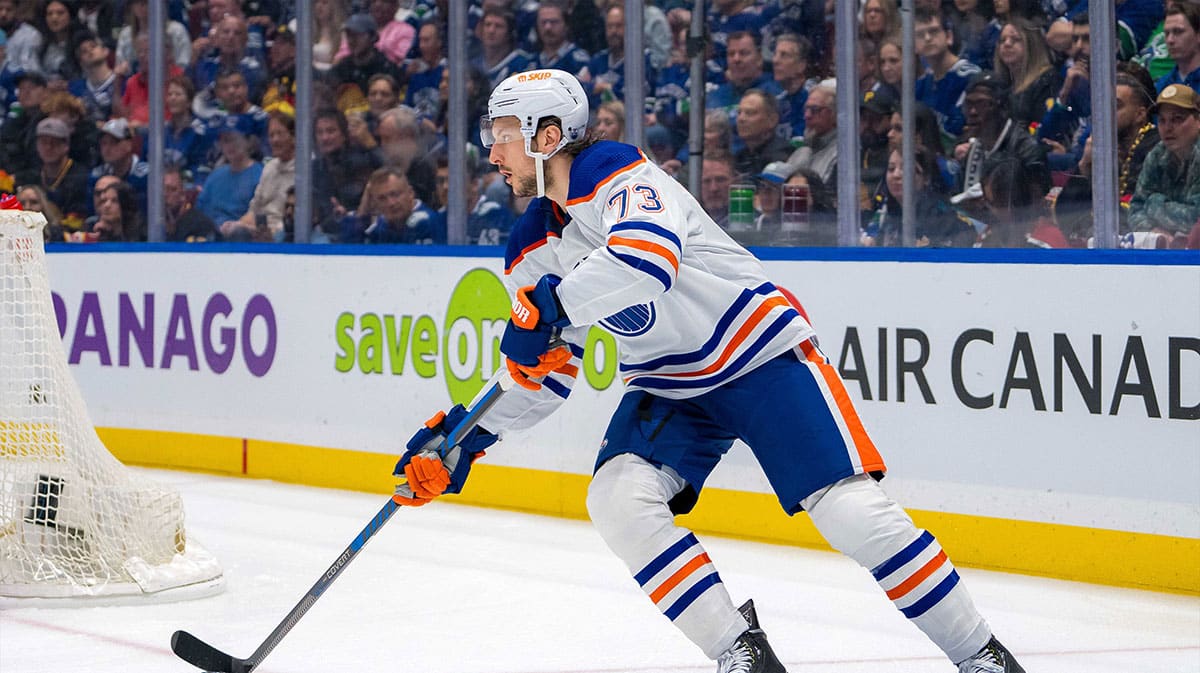 Edmonton Oilers defenseman Vincent Desharnais (73) handles the puck against the Vancouver Canucks during the first period in game one of the second round of the 2024 Stanley Cup Playoffs at Rogers Arena.
