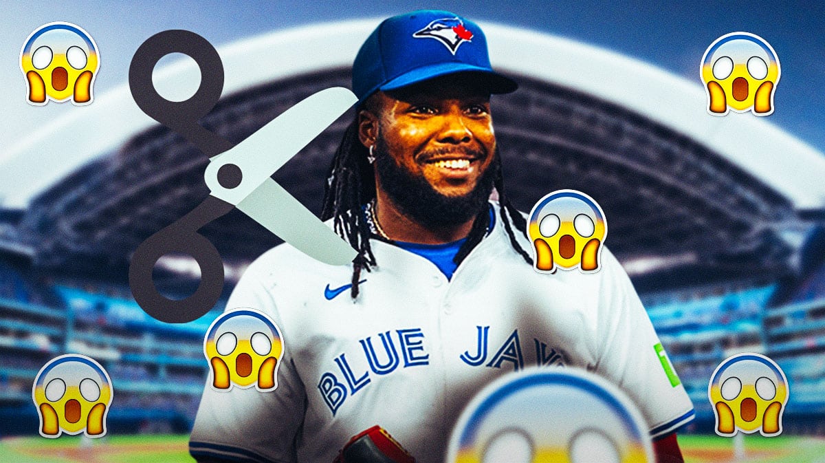 Vladimir Guerrero Jr., scissors near his hair. shocked emojis all around