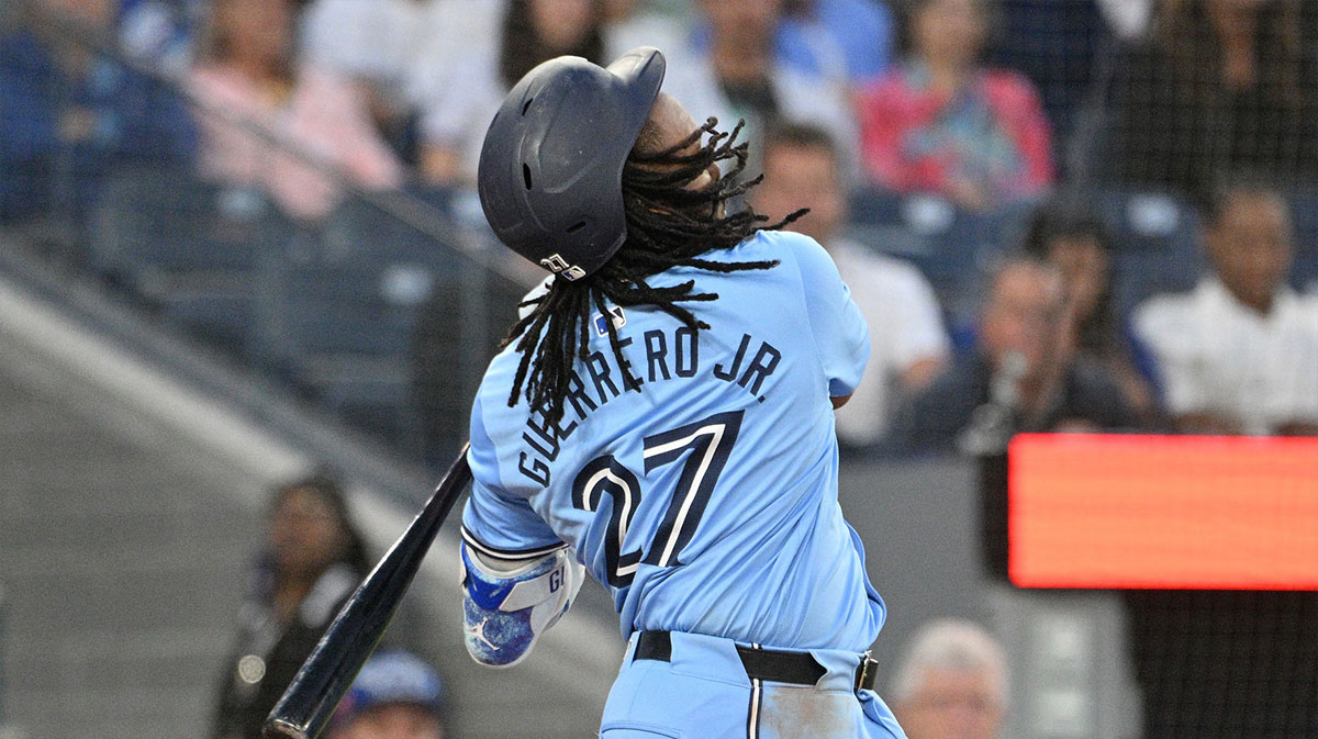 Toronto Blue Jays first baseman Vladimir Guerrero Jr. (27) strikes out swinging against the Cleveland Guardians in the sixth inning at Rogers Centre.