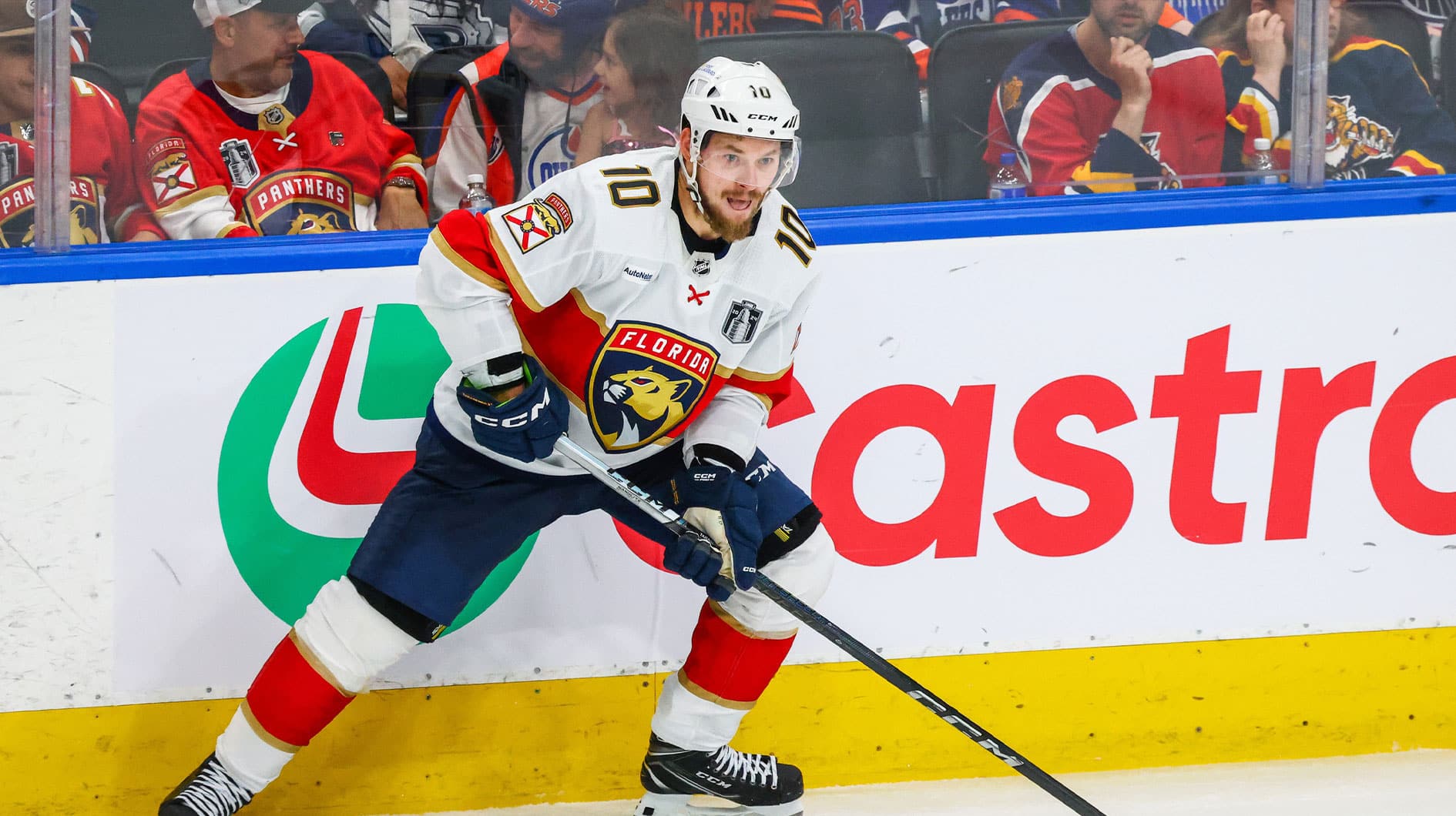 Florida Panthers right wing Vladimir Tarasenko (10) controls the puck against the Edmonton Oilers during the third period in game four of the 2024 Stanley Cup Final at Rogers Place.