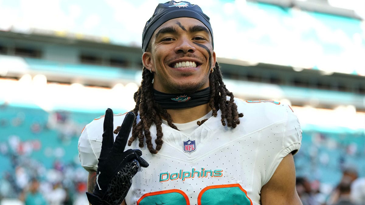 Miami Dolphins wide receiver Chase Claypool (83) celebrates after defeating the New York Jets at Hard Rock Stadium.