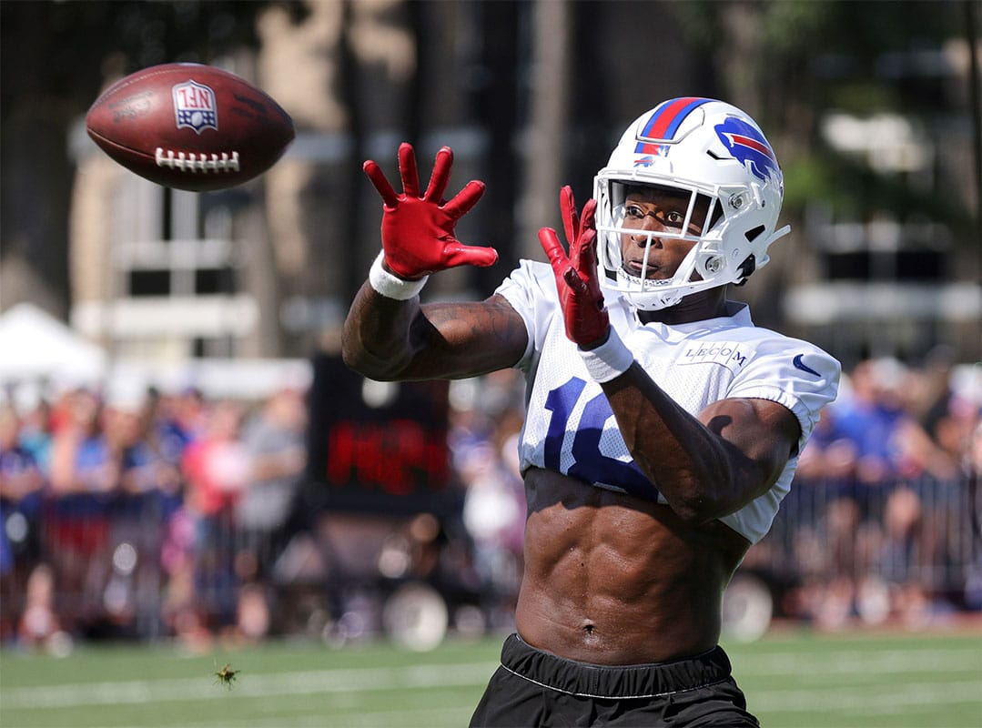 Bills receiver Justin Shorter looks this pass into his hands during training camp.