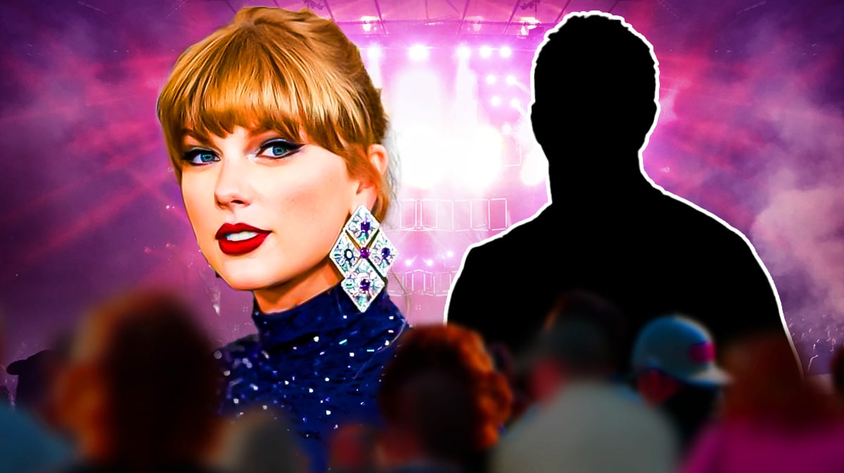 Taylor Swift next to the blacked-out silhouette of Jeff Jarrett on a stage.