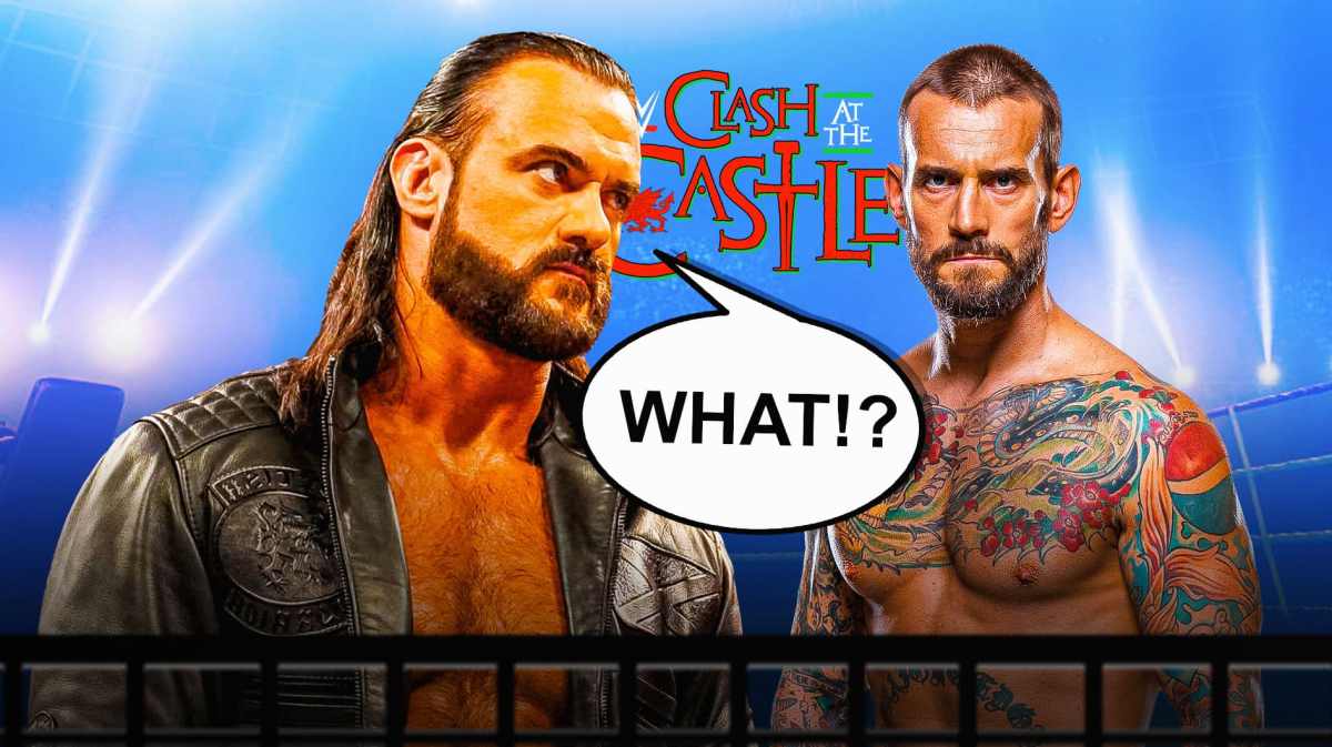 Drew McIntyre with a text bubble reading "What!?" next to CM Punk with the Clash at the Castle logo as the background.