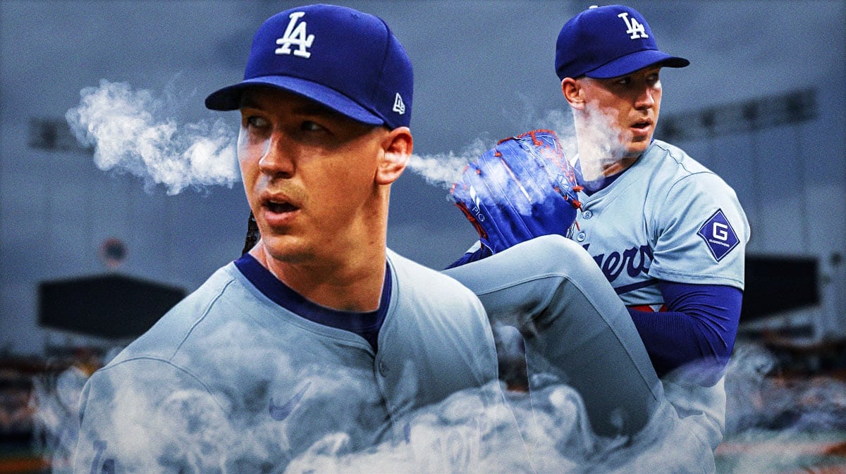 Dodgers' Walker Buehler looking serious in front with smoke coming out of his ears. In background, Dodgers' Walker Buehler pitching a baseball.