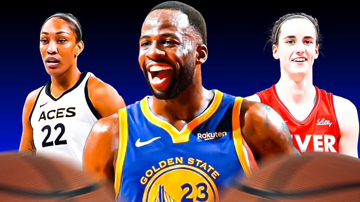 Warriors' Draymond Green smiling, with Aces' A'ja Wilson on the left, smiling, with Fever's Caitlin Clark hyped up on the right