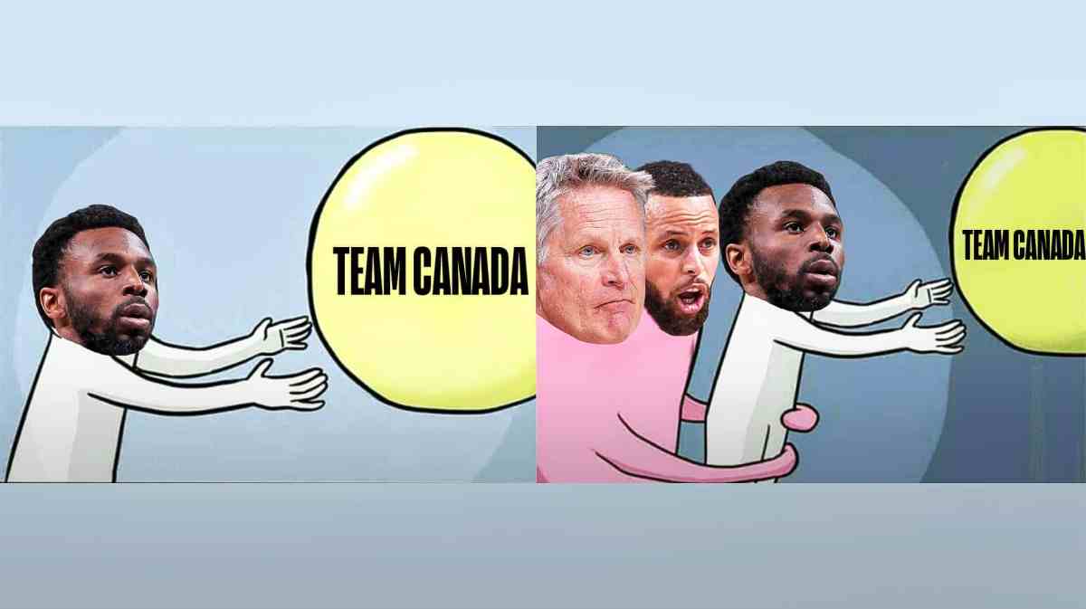 Warriors' Stephen Curry and Steve Kerr (in place of the pink blob) holding back Andrew Wiggins (white drawing), with caption on yellow balloon: "TEAM CANADA"
