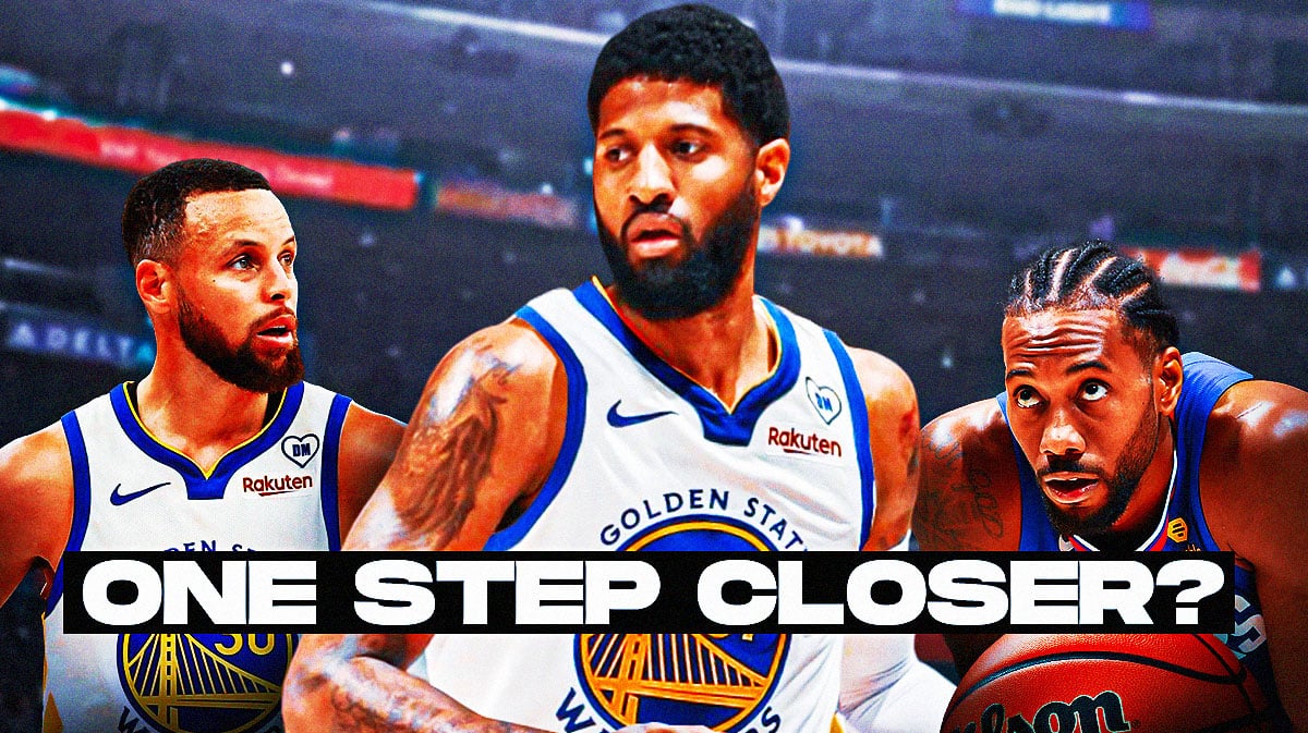 Paul George in a Warriors uniform, with Stephen Curry and Clippers' Kawhi Leonard beside George, with caption below: ONE STEP CLOSER?