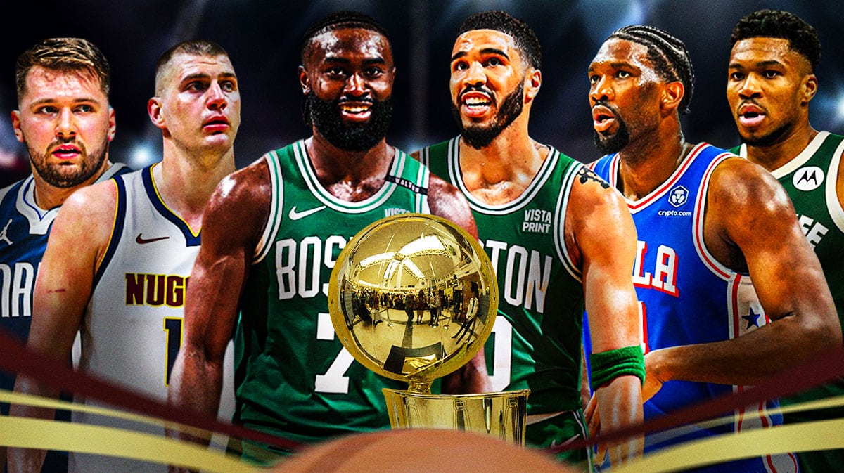 [NBA Power Rankings] Jayson Tatum and Jaylen Brown next to NBA Finals trophy and Nikola Jokic, Luka Doncic, Joel Embiid, Giannis Antetokounmpo