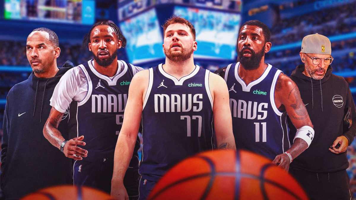 Mavericks Luka Doncic in front. Place Mavericks Nico Harrison, Jason Kidd, Derrick Jones Jr, and Kyrie Irving in background.
