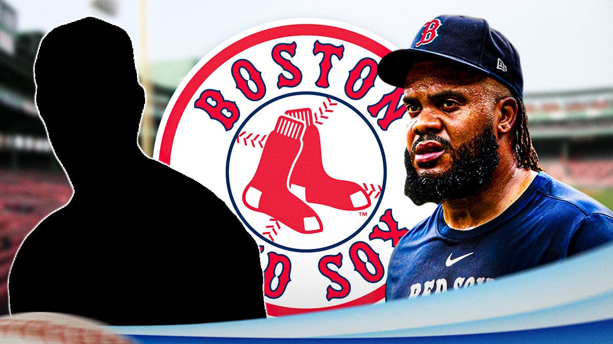 Kenley Jansen in image looking stern, one silhouetted Boston Red Sox player, Boston Red Sox logo, baseball field in background