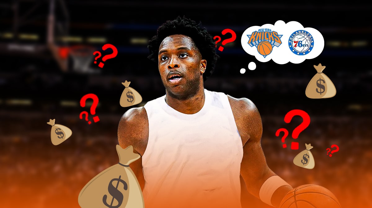 OG Anunoby making a confused face with a blank jersey with the New York Knicks and Philadelphia 76ers logos above him. Additionally, add a comic-book style thought bubble next to his head with question marks and bags of money on his right and left.