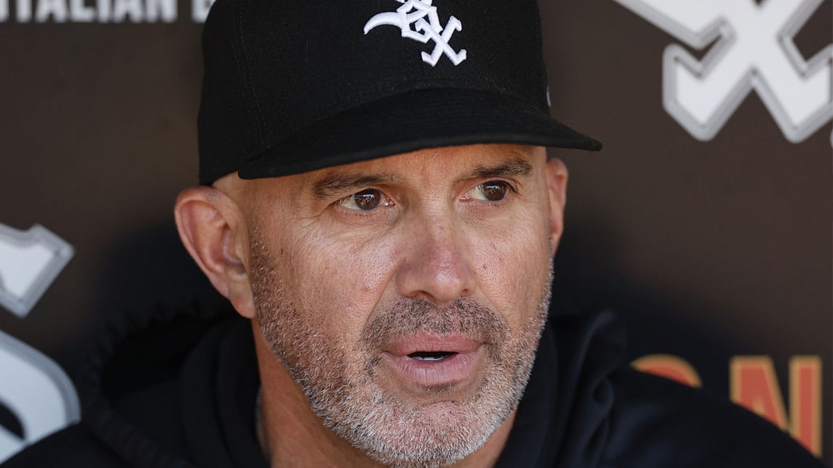 Chicago White Sox manager Pedro Grifol (5) speaks before a baseball game against the Toronto Blue Jays at Guaranteed Rate Field.