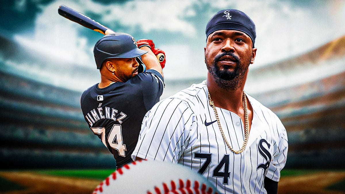 White Sox Eloy Jimenez looking serious in front. Eloy Jimenez swinging a baseball bat in background.
