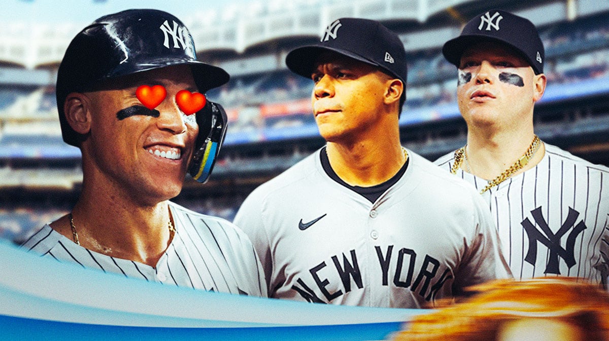 Aaron Judge with heart eyes looking at Juan Soto and Alex Verdugo