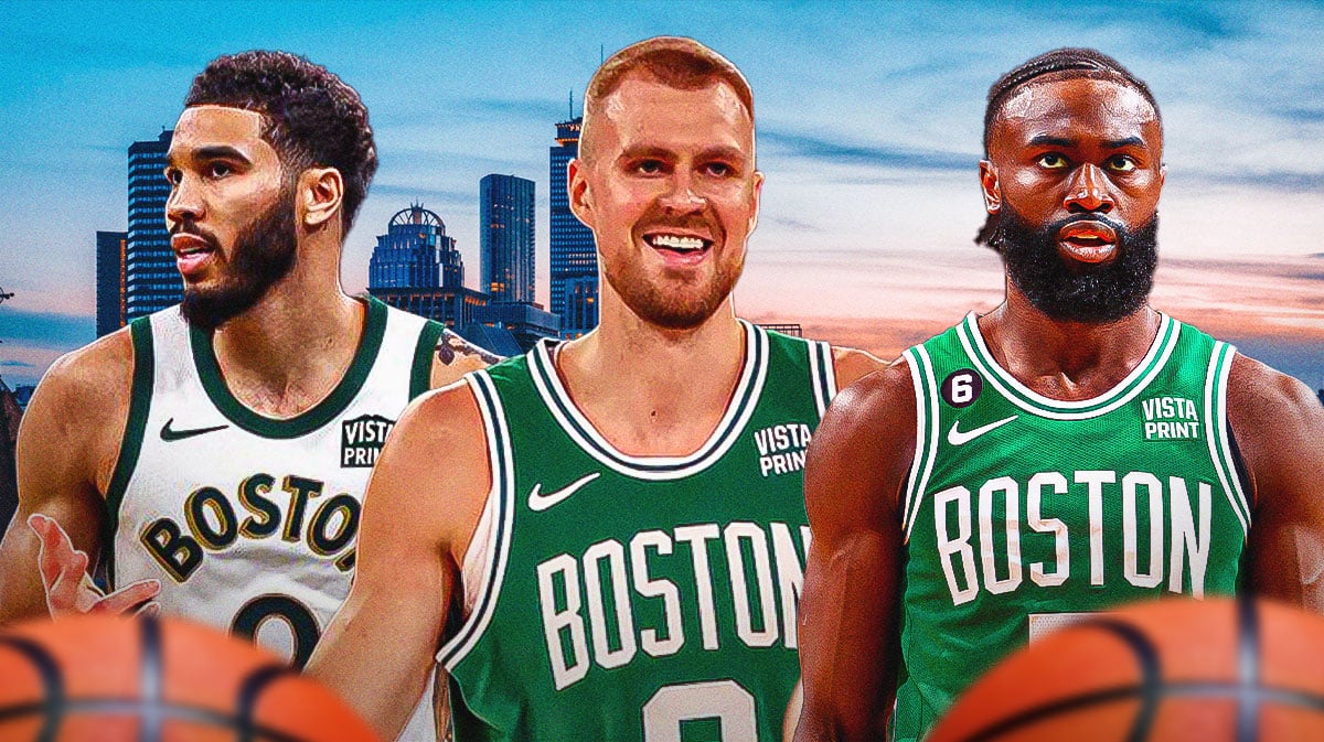 image idea: Jayson Tatum, Jaylen Brown, and Kristaps Porzingis looking hyped on a Boston city background