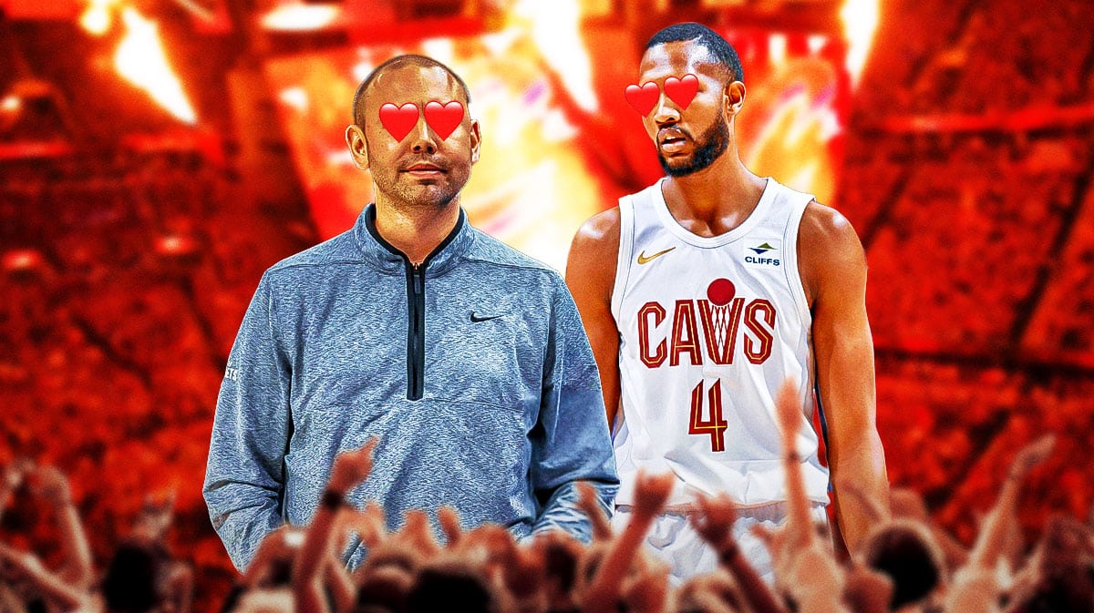 David Adelman and Evan Mobley side by side, with both of them having hearts in their eyes Cleveland Cavaliers