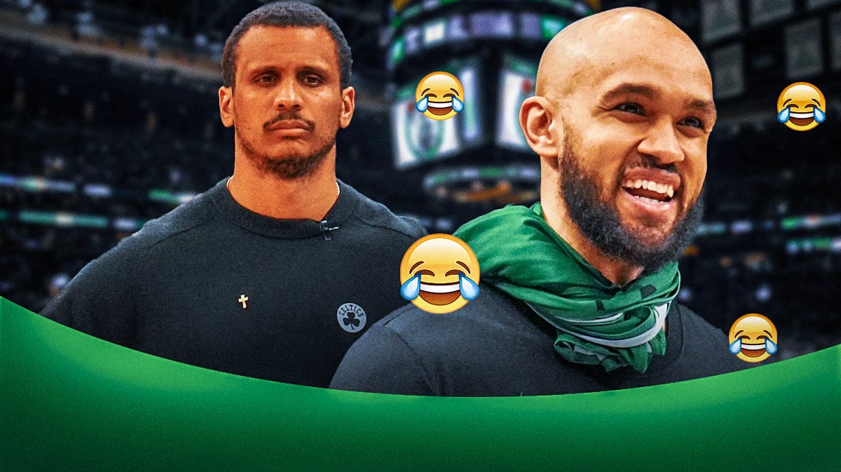 Derrick White with laughing emojis around him. Joe Mazzulla.