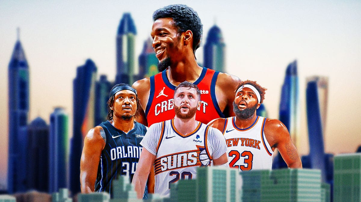 A very large Herb Jones doing the too-small gesture with some small pictures of Jusuf Nurkic, Mitchell Robinson, and Wendell Carter Jr.