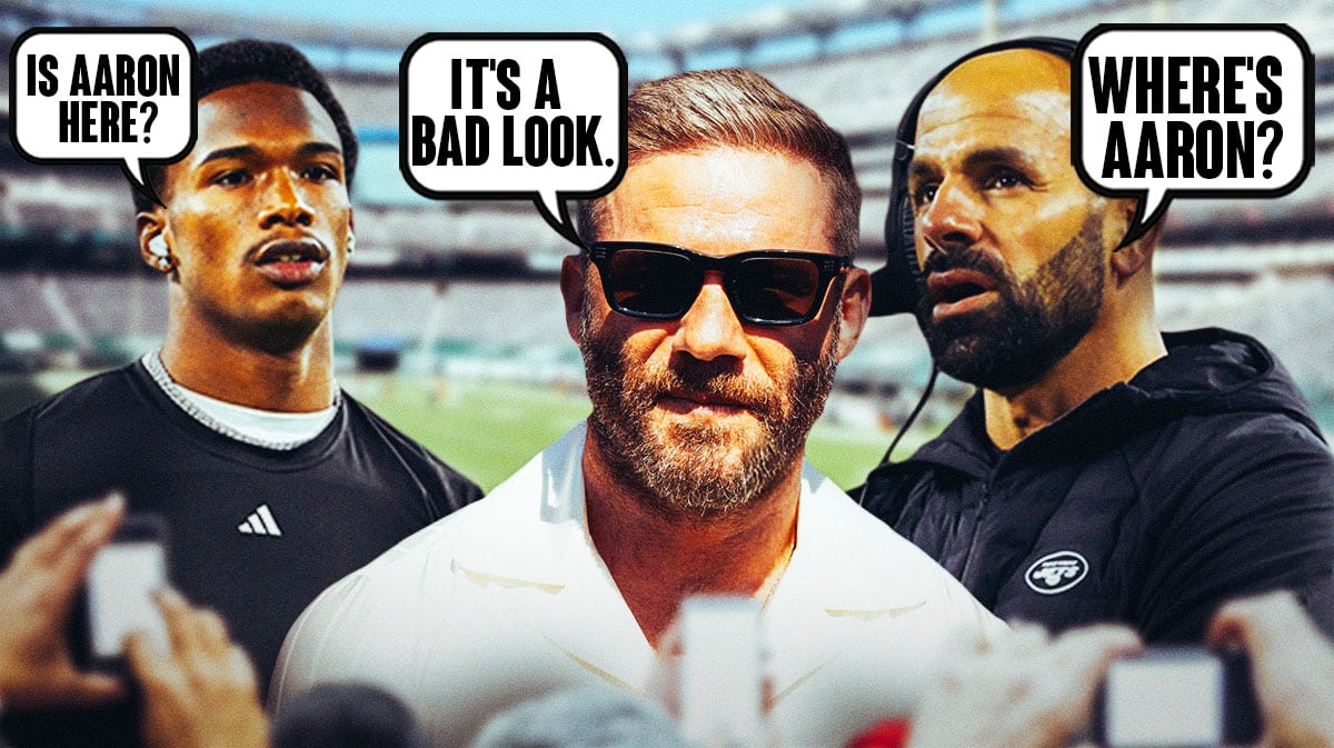 Jets head coach Robert Saleh, wide receiver Garrett Wilson, and former NFL wide receiver Julian Edelman wondering where Aaron Rodgers is