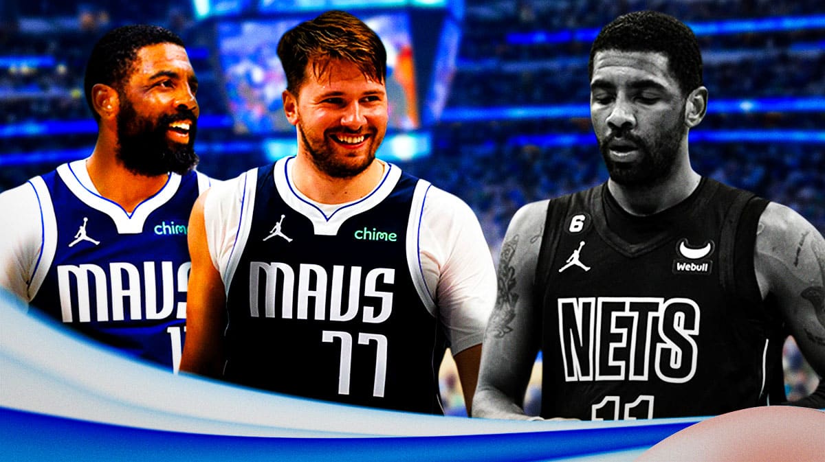 Mavericks' Kyrie Irving smiling with Luka Doncic, with picture of Irving in a Nets uniform frustrated in black and white on the side