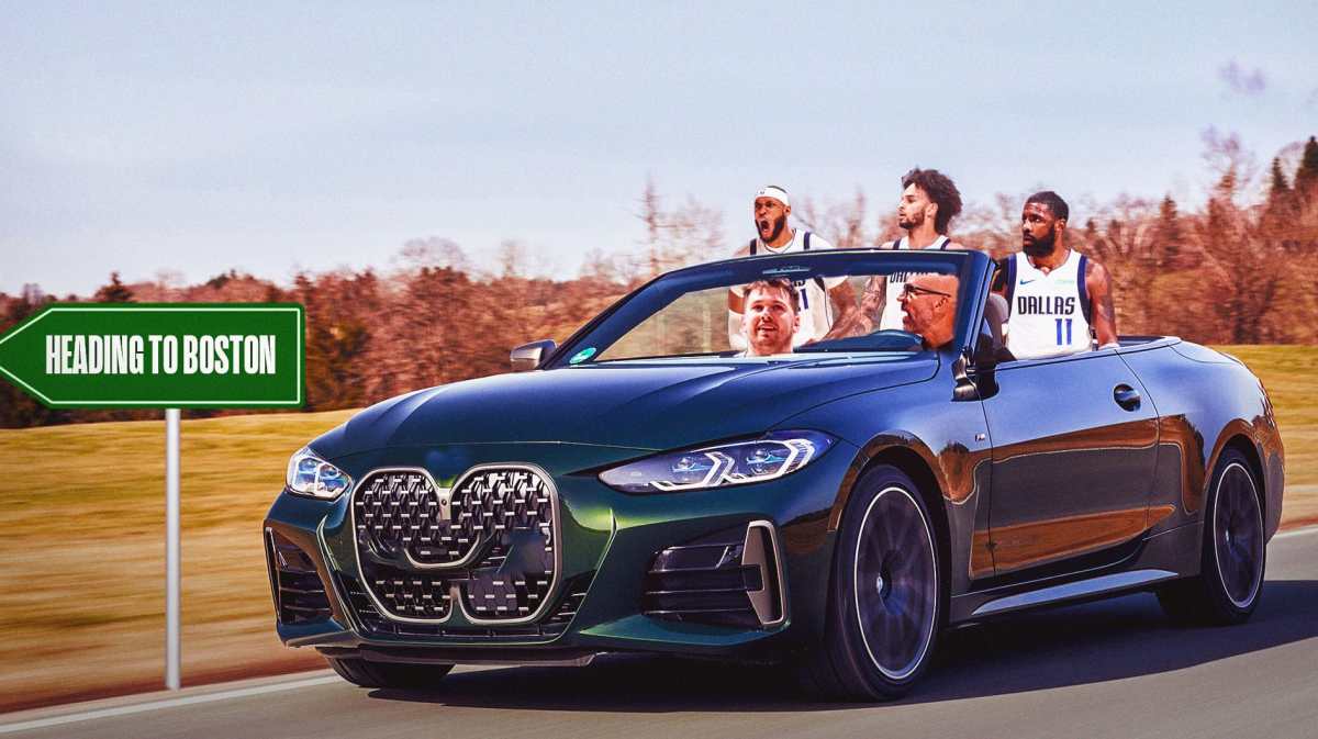 Mavericks' Luka Doncic, Mavericks' Kyrie Irving, Mavericks' Jason Kidd, Mavericks' Dereck Lively II, Mavericks' Daniel Gafford all sitting in a car. Have Kidd driving the car. Place a sign on the side of the road that reads the following: HEADING TO BOSTON