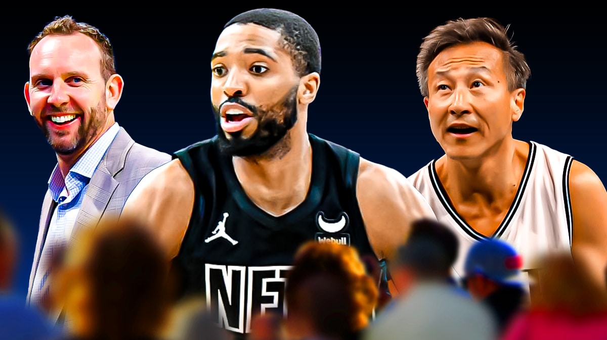 Photo: Nets' Mikal Bridges in action, Sean Marks, Joe Tsai in background