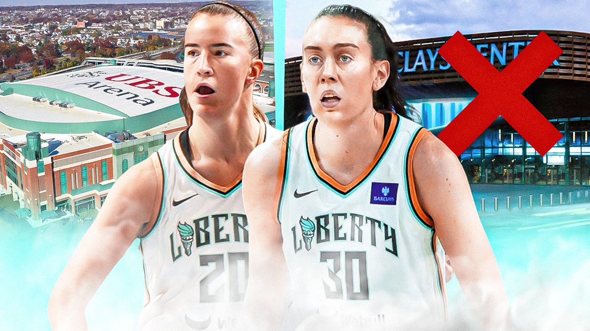 WNBA New York liberty players Breanna Stewart and Sabrina Ionescu, with UBS Arena in Long Island, New York, USA, and Barclay Center in Brooklyn, New York, USA in the background, with a big X over the Barclay Center