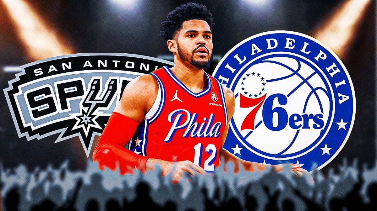 Tobias Harris image, Spurs logo, 76ers logo