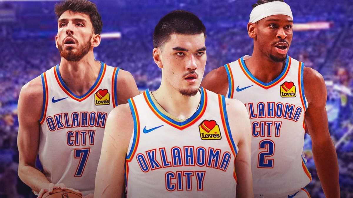 Thunder's Chet Holmgren and Shai Gilgeous-Alexander with Zach Edey
