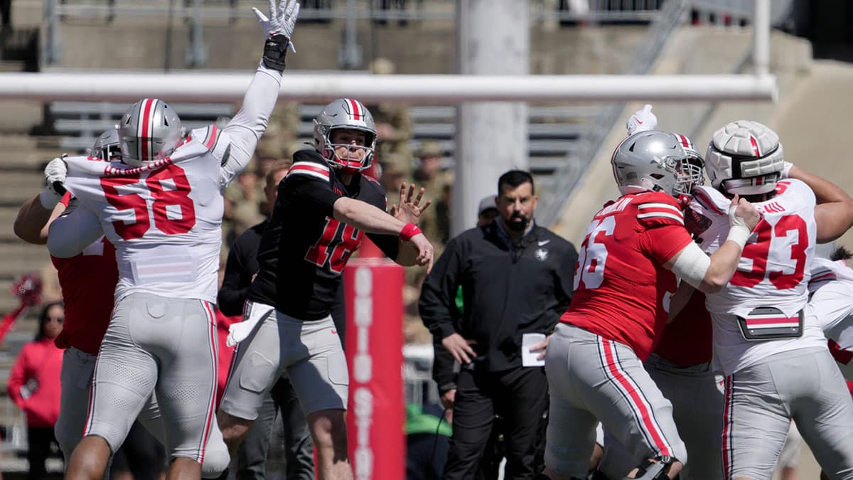 Ohio State Buckeyes quarterback Will Howard (18) thorws a pass while playing for the scarlet team during the first half of the LifeSports spring football game