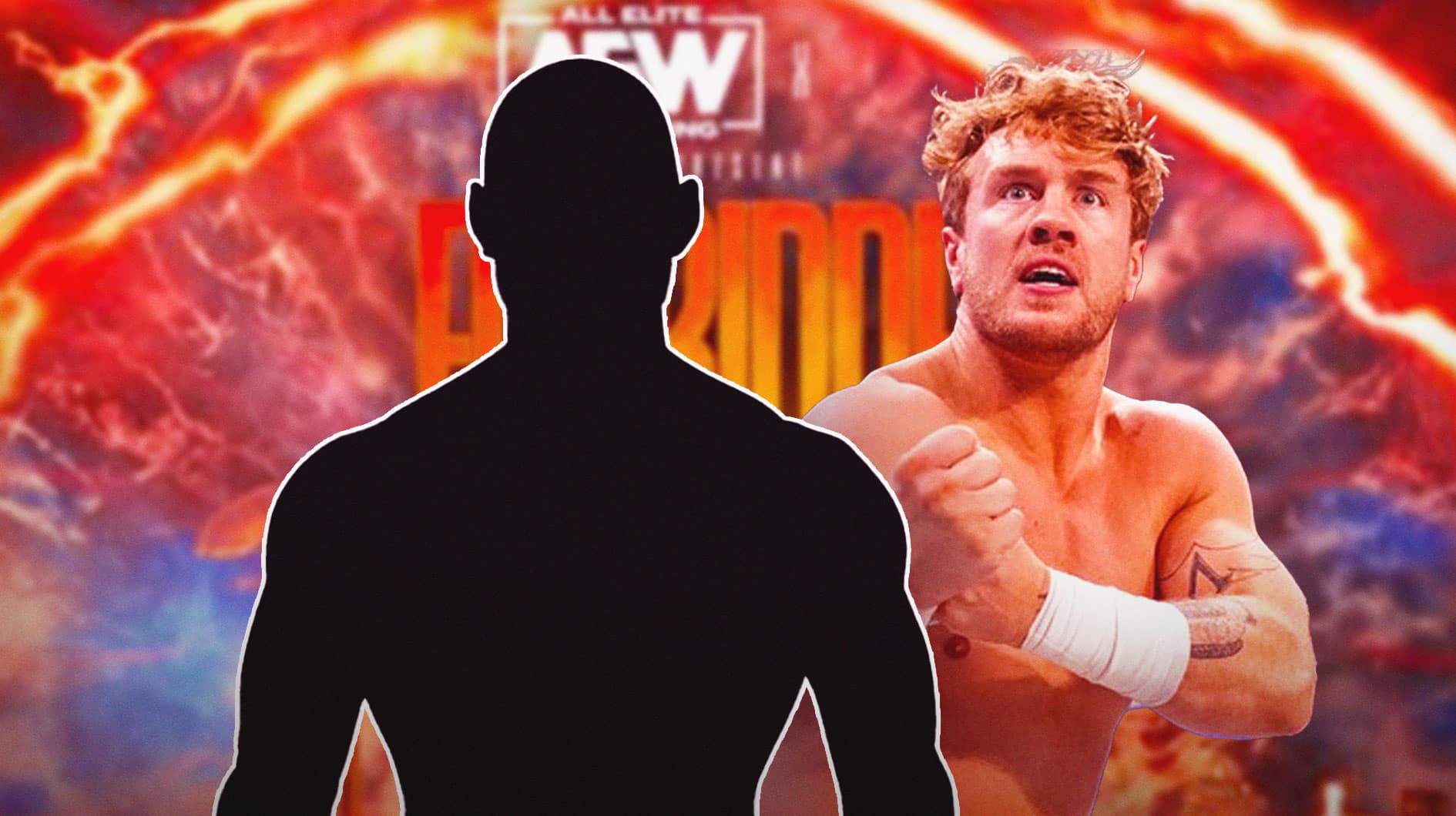 Will Ospreay next to the blacked-out silhouette of Ricochet with the Forbidden Door logo as the background.