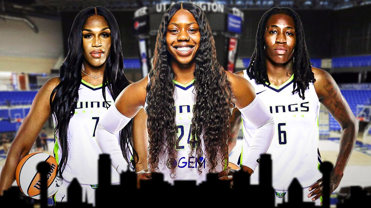 Wings Arike Ogunbowale, Wings Teaira McCowan in front looking serious. In background, have Wings Natasha Howard.