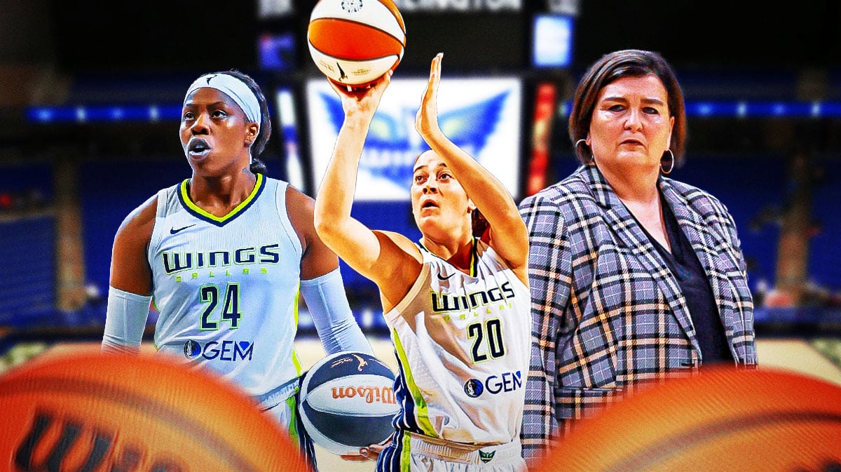 Wings Maddy Siegrist shooting a basketball in front. Wings Arike Ogunbowale, Wings Latricia Trammell in background both looking serious.