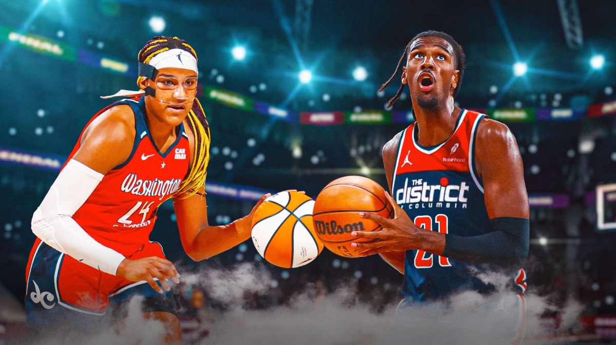 Alex Sarr alongside Aaliyah Boston with the NBA Draft logo in the background, Wizards