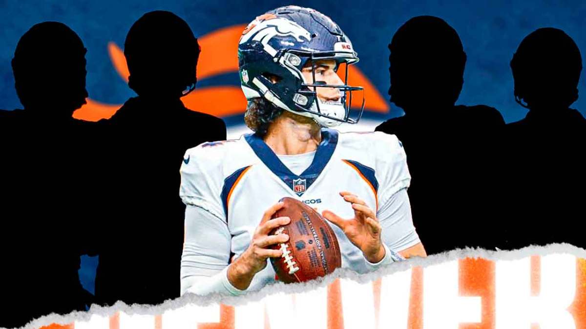 Jarrett Stidham in the middle, 4 mystery players around him, Denver Broncos wallpaper in the background