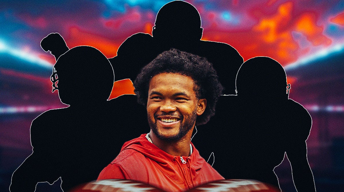 Kyler Murray in the middle, 4 mystery players around him, Arizona Cardinals wallpaper in the background