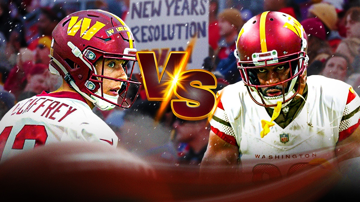 Luke McCaffrey "VS" Jamison Crowder (in Commanders jersey) with Commanders background.