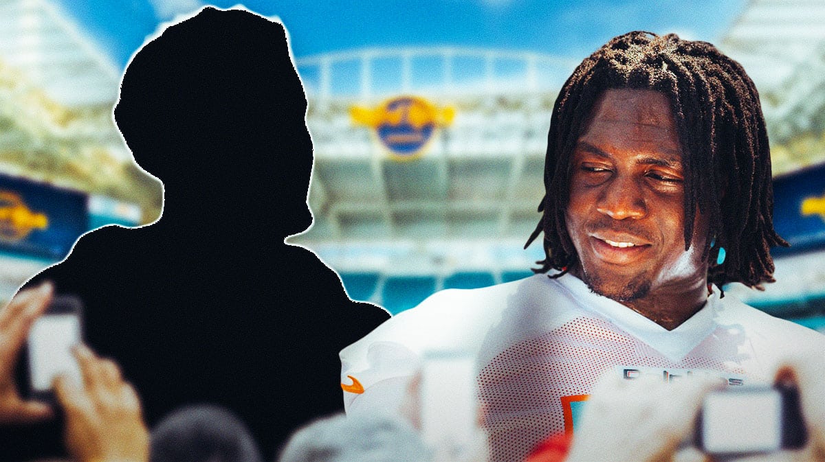Miami Dolphins OL Patrick Paul with a silhouette of Mohamed Kamara in the background.