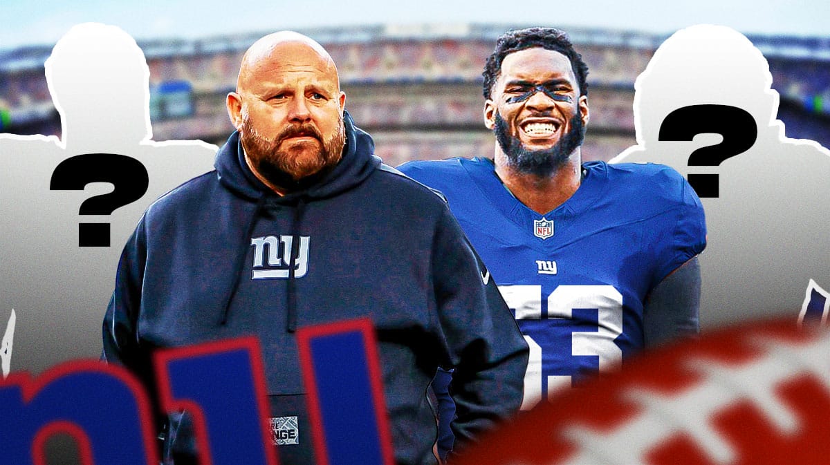 New York Giants head coach Brian Daboll with linebacker Brian Burns and two silhouettes of American football players with big question mark emojis inside. There is also a logo for the New York Giants.