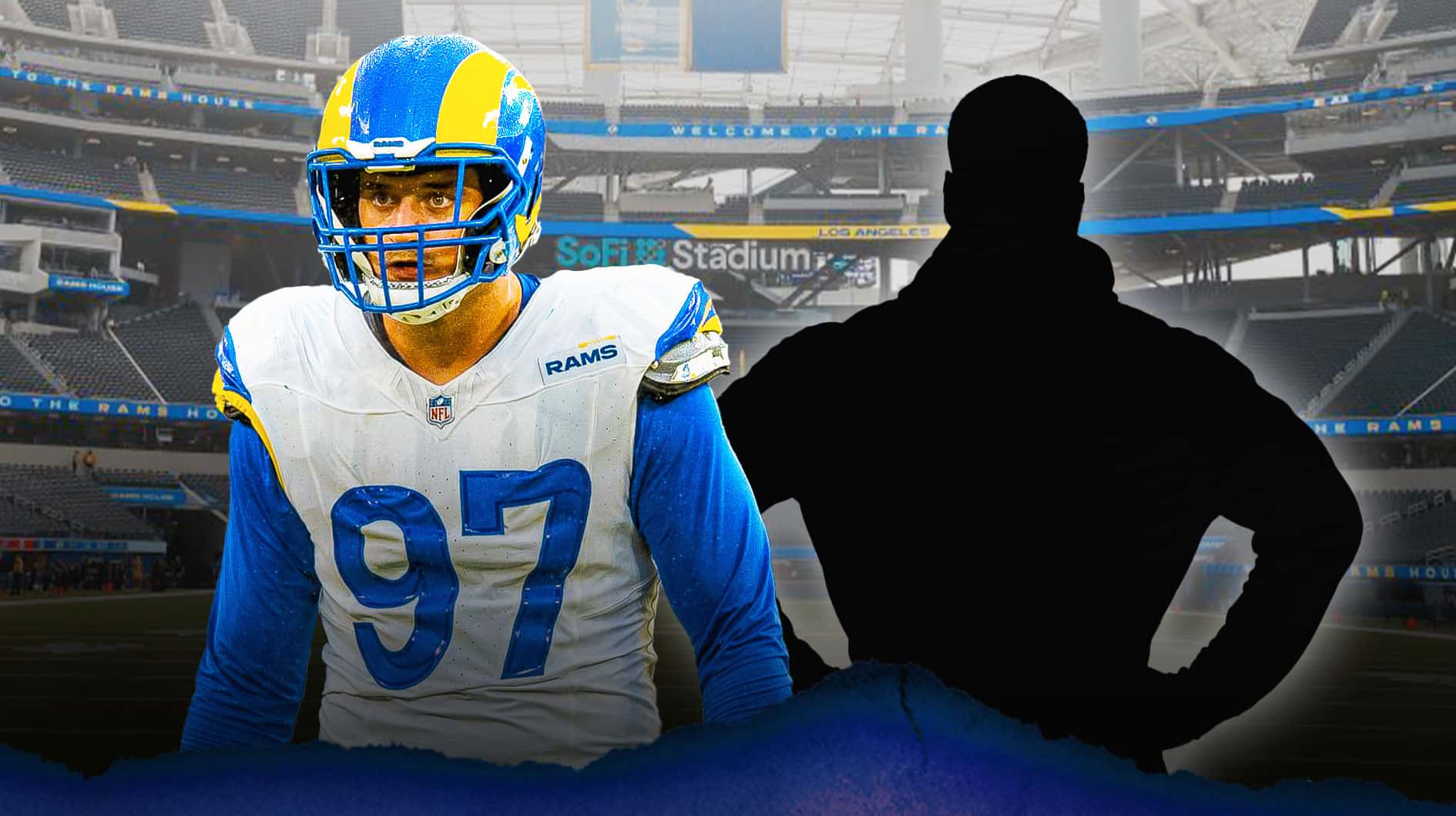 Michael Hoecht next to the blacked-out silhouette of Jared Verse in front of SoFi Stadium.