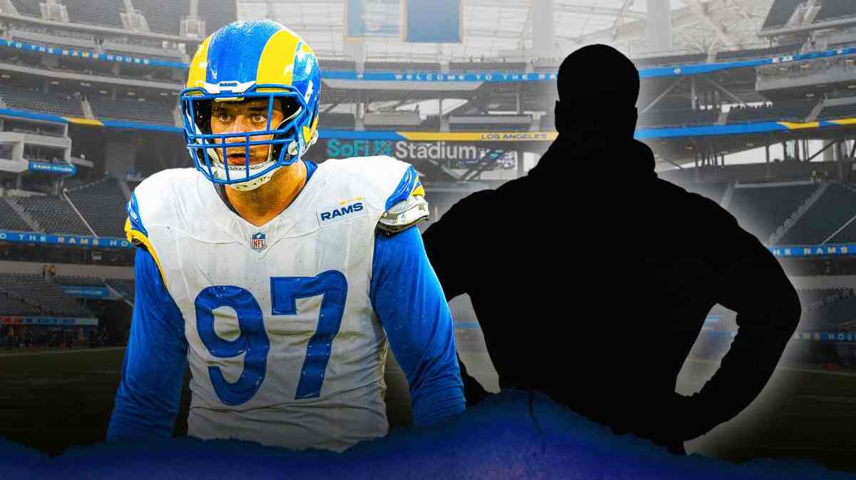 Michael Hoecht next to the blacked-out silhouette of Jared Verse in front of SoFi Stadium.