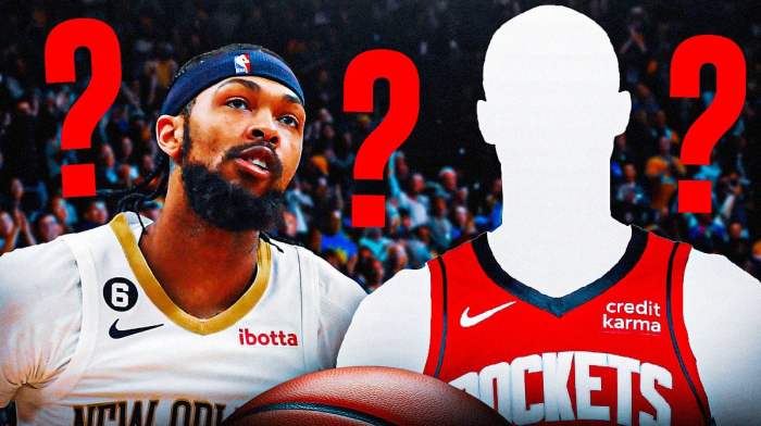 Brandon Ingram in middle, one silhouetted Houston Rockets player on either side, 3-5 question marks, Houston Rockets logo, basketball court in background