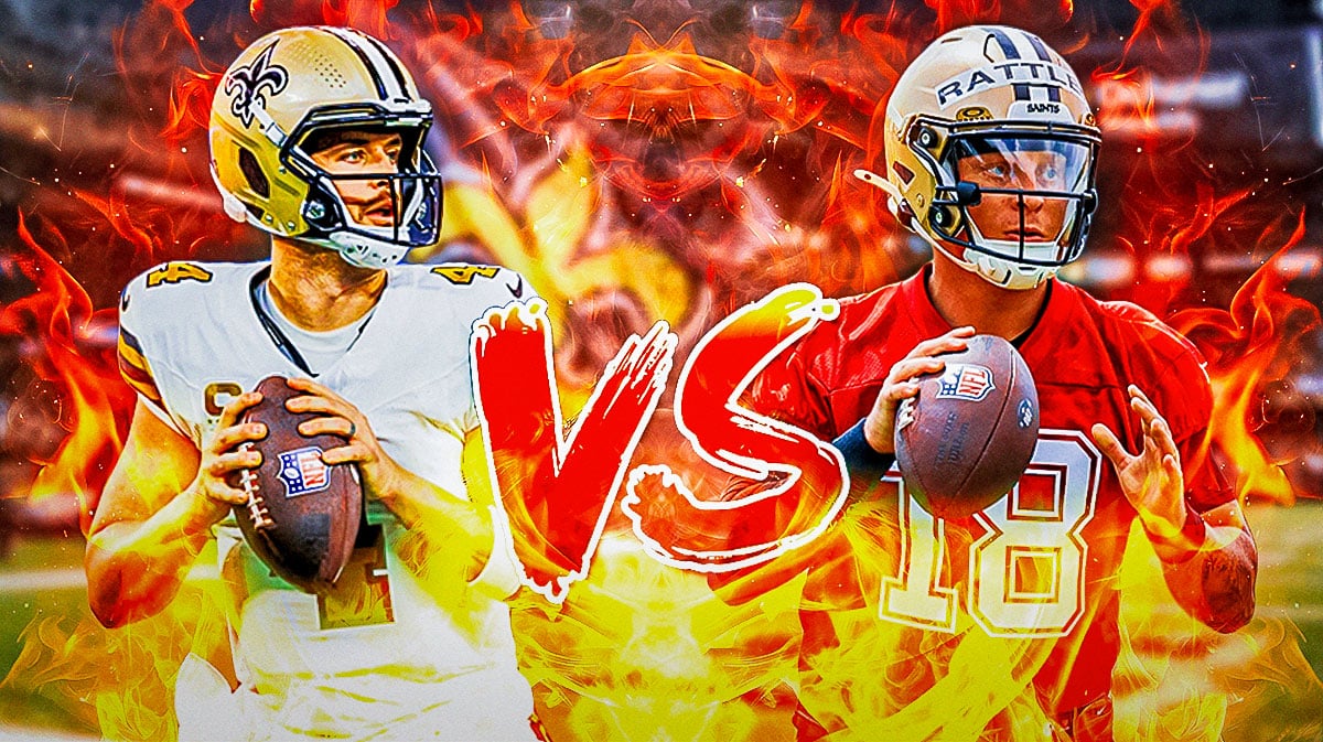 Derek Carr "VS" Spencer Rattler with a Saints background.