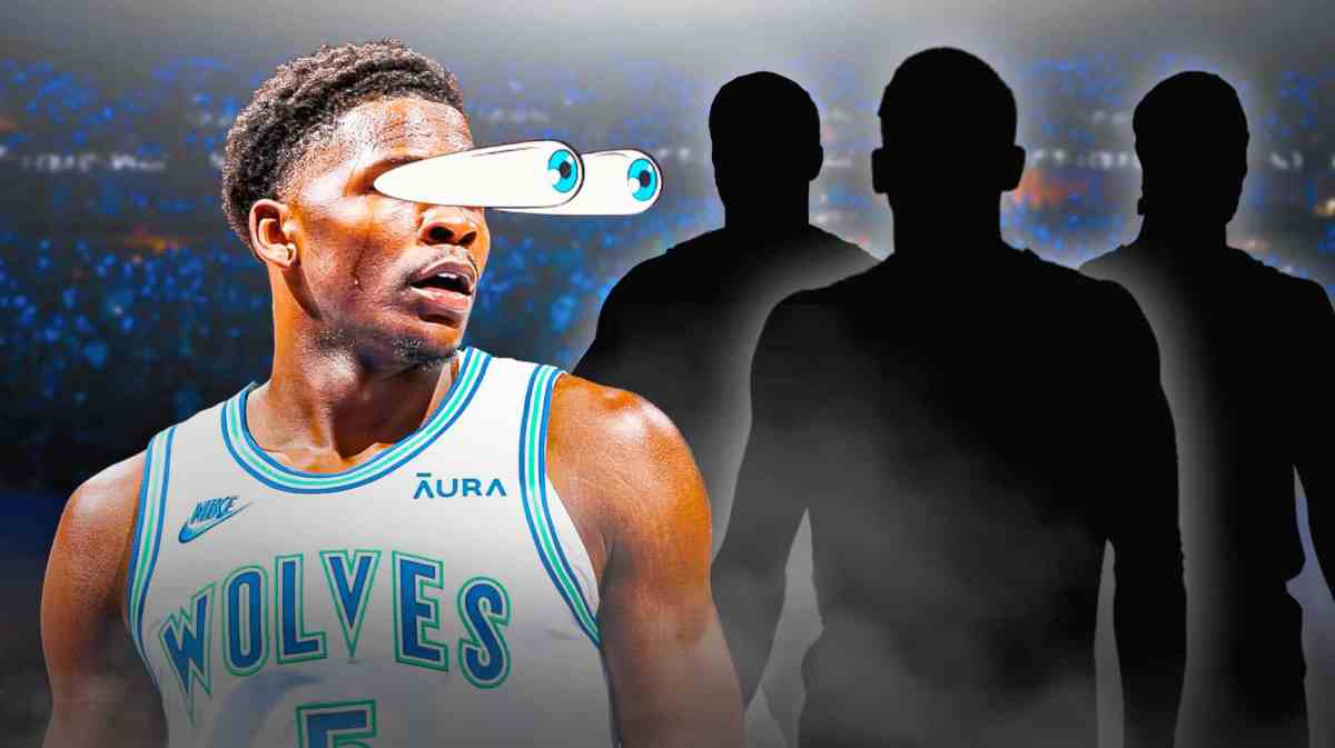 Anthony Edwards with his eyes popping out. Silhouettes of three players in the background